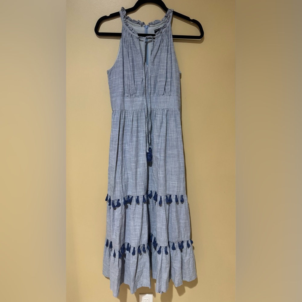 Maggy London Blue-Gray and White Striped Maxi Dress with Tassel Detail